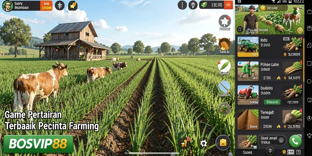 Screenshot permainan BOSVIP88 menampilkan aktivitas bertani yang seru dan interaksi hewan.