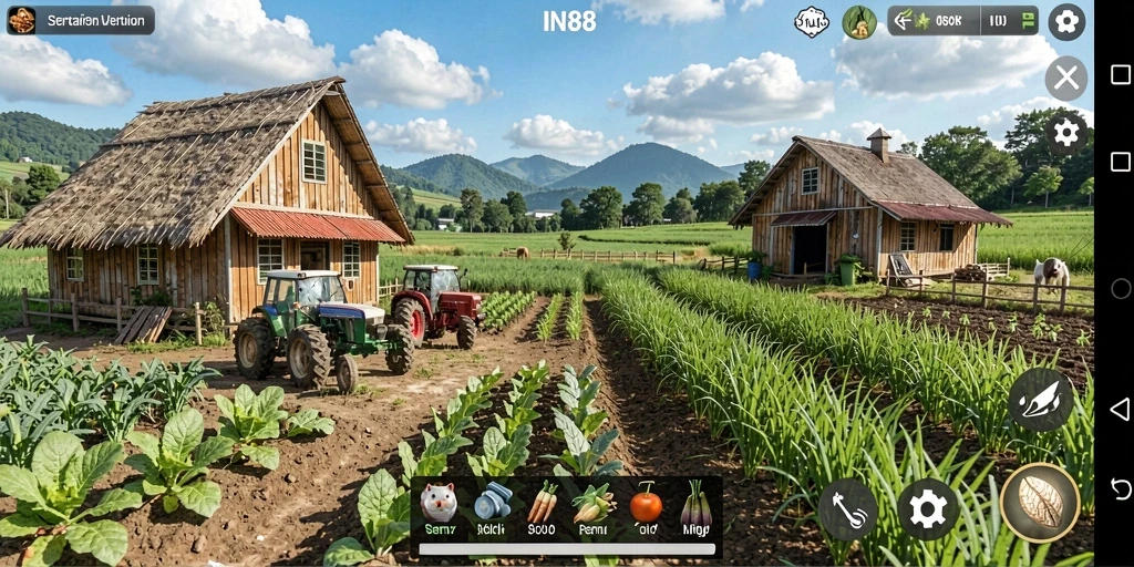 Screenshot gameplay IN88 menunjukkan aktivitas pertanian seru dan interaktif.