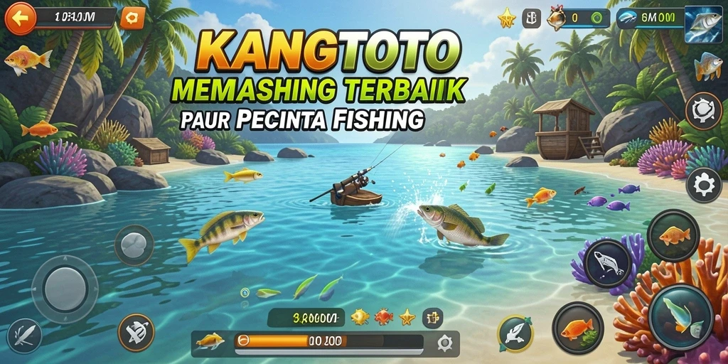 Screenshot gameplay KANGTOTO menampilkan aksi memancing yang seru dan berbagai ikan berwarna-warni.