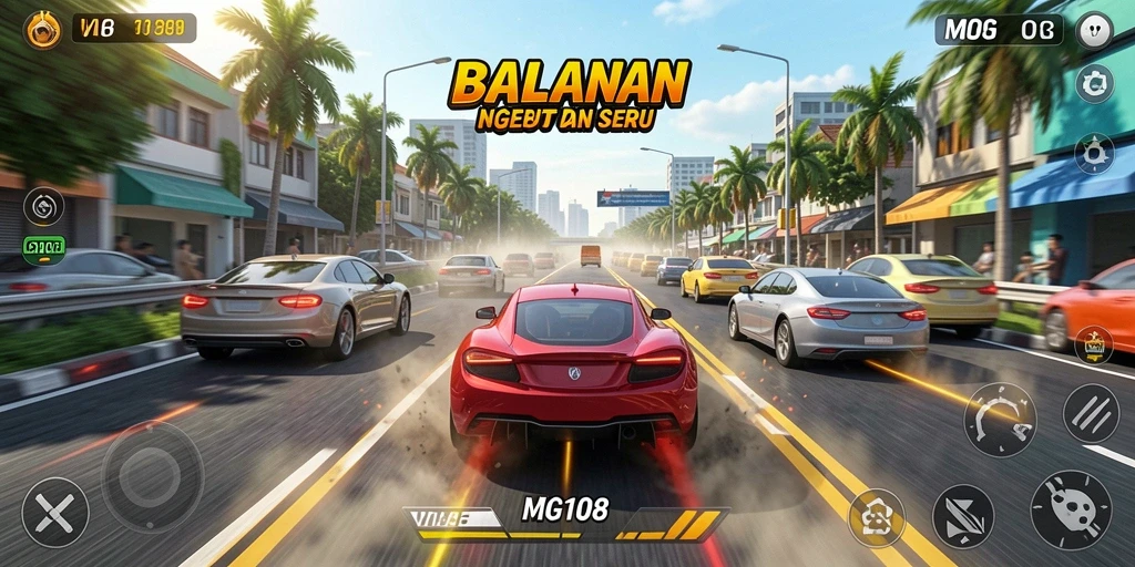 Gameplay seru dengan mobil balap melaju kencang di jalur berliku.