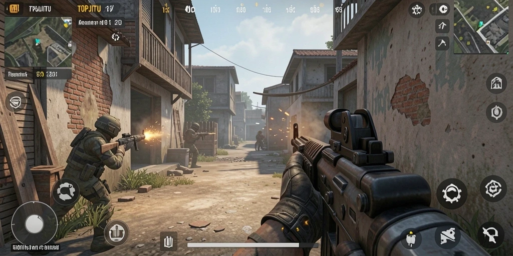 Tampilan gameplay menegangkan dalam TOPJITU ketika melawan musuh di medan perang.